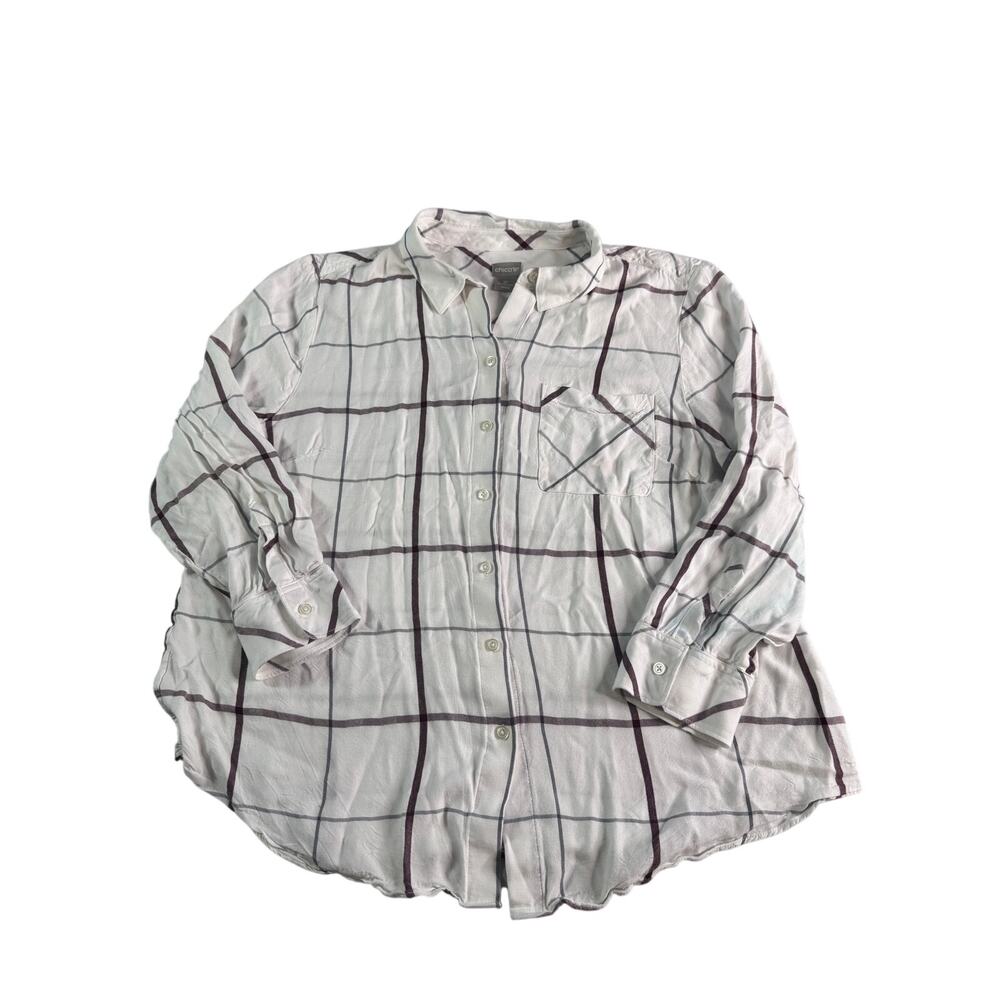 Chico's Shirt 3P 16/18 Petite White Brown Windowpane Plaid Rayon Button Down